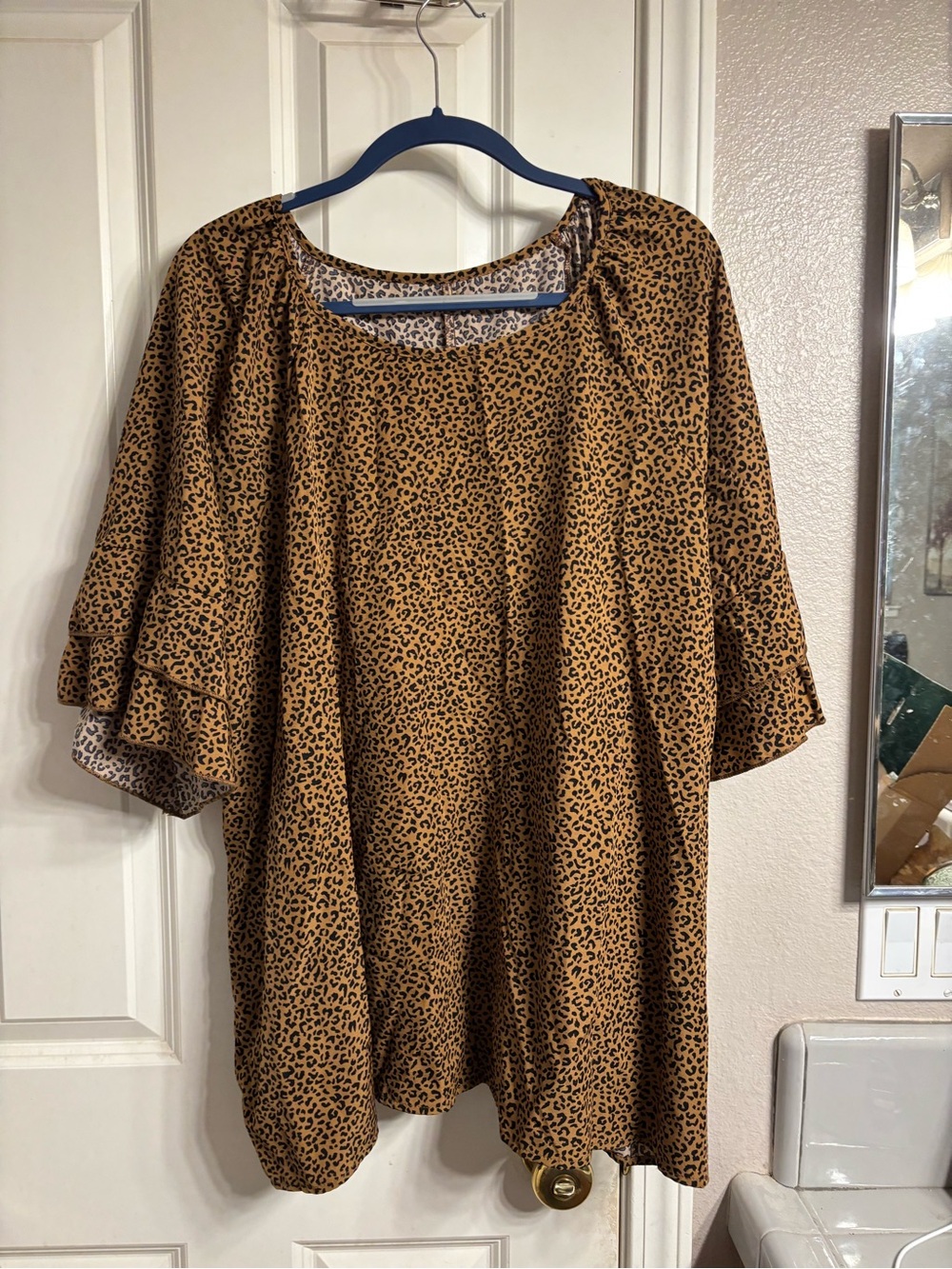 Leopard Print Ruffle Sleeve Women’s Top - Tan